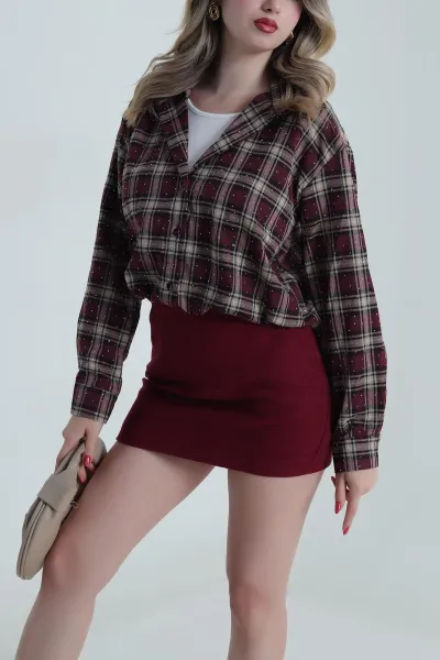 Bordo Serpme Taşlı Astarlı Kadın Gömlek Bluz 485590
