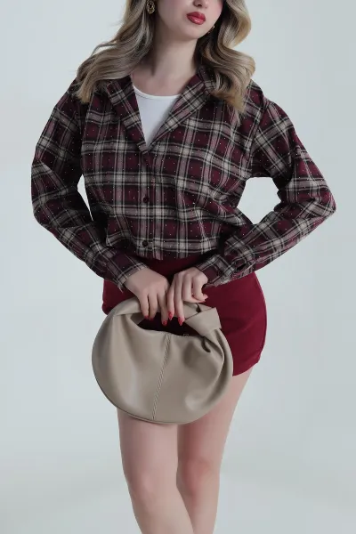 Bordo Serpme Taşlı Astarlı Kadın Gömlek Bluz 485590