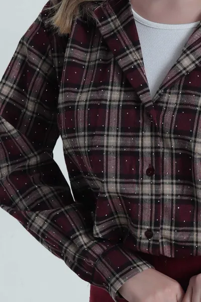 Bordo Serpme Taşlı Astarlı Kadın Gömlek Bluz 485590