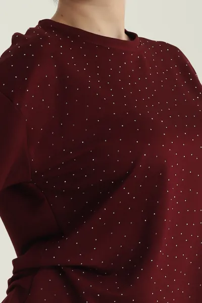 Bordo Serpme Taşlı Kadın Tişört 428932