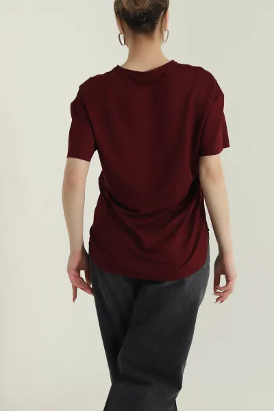 Bordo Serpme Taşlı Kadın Tişört 428932