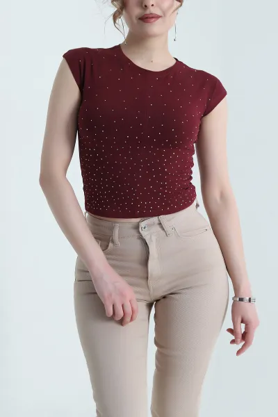 Bordo Serpme Taşlı Süprem Kadın Bluz 453344