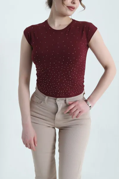Bordo Serpme Taşlı Süprem Kadın Bluz 453344