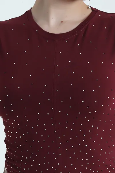 Bordo Serpme Taşlı Süprem Kadın Bluz 453344