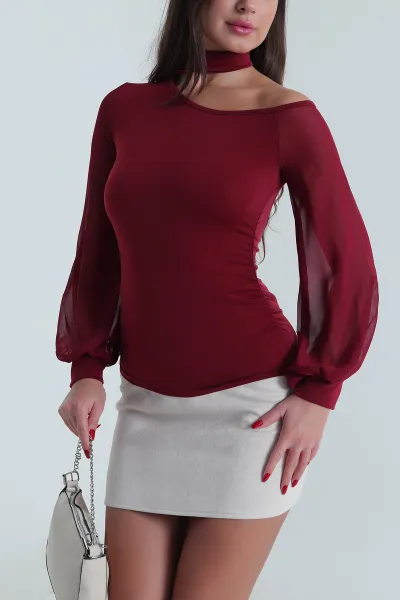 Bordo Şifon Kol Sandy Kadın Bluz 491342