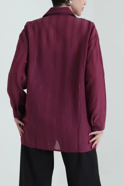 Bordo Sim Çizgili Transparan Kadın Gömlek 437788