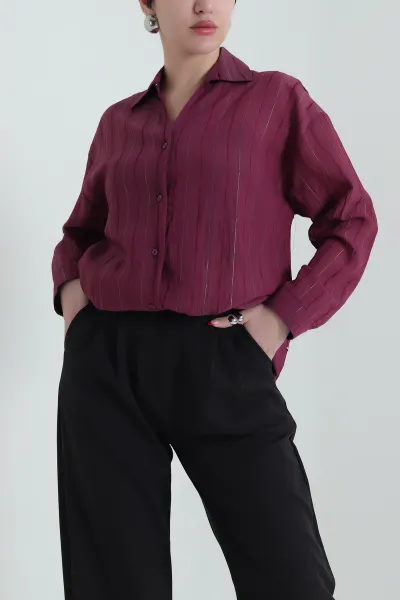 Bordo Sim Çizgili Transparan Kadın Gömlek 437788
