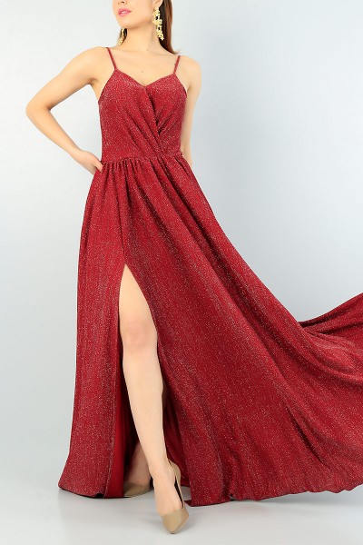 Bordo Sim Kumaş Derin Yırtmaçlı Abiye 64286