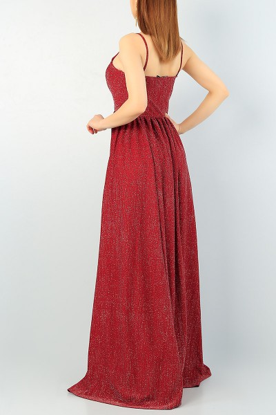 Bordo Sim Kumaş Derin Yırtmaçlı Abiye 64286