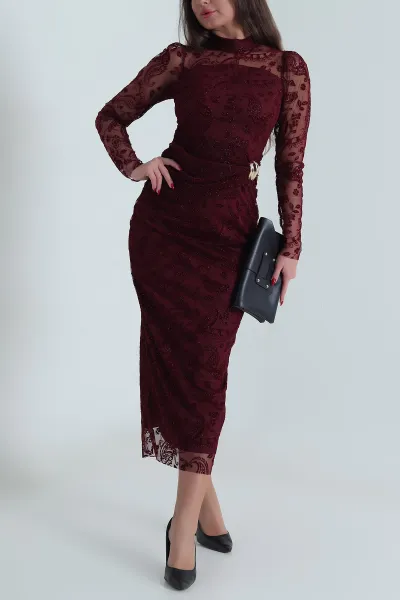 Bordo Simli Flok Baskılı Tül Kadın Elbise 491905