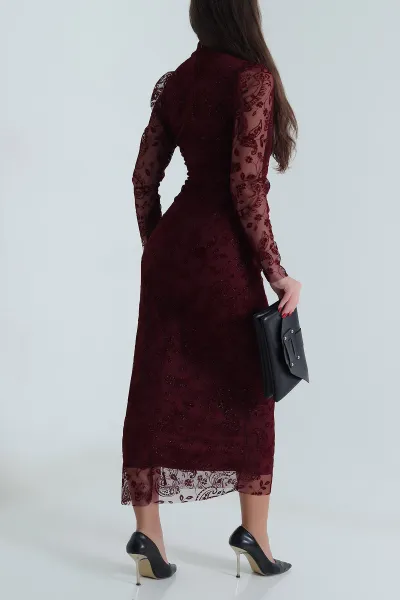 Bordo Simli Flok Baskılı Tül Kadın Elbise 491905