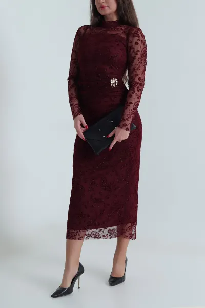 Bordo Simli Flok Baskılı Tül Kadın Elbise 491905