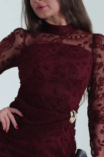 Bordo Simli Flok Baskılı Tül Kadın Elbise 491905
