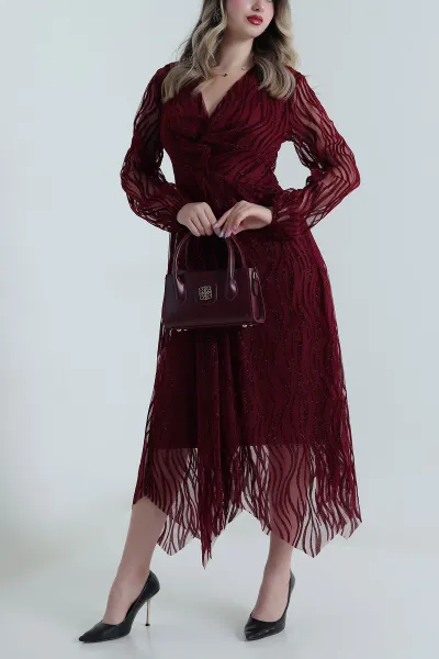 Bordo Simli Flok Baskılı Tül Kadın Elbise 494959