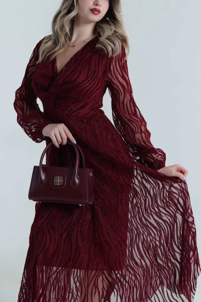 Bordo Simli Flok Baskılı Tül Kadın Elbise 494959