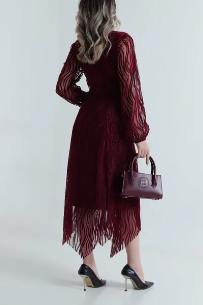 Bordo Simli Flok Baskılı Tül Kadın Elbise 494959