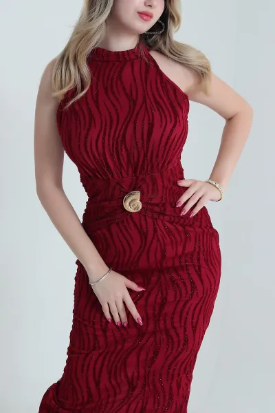 Bordo Simli Flok Tül Kadın Elbise 476560