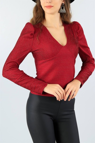 Bordo Simli Nopeli Tasarım Bluz 44967