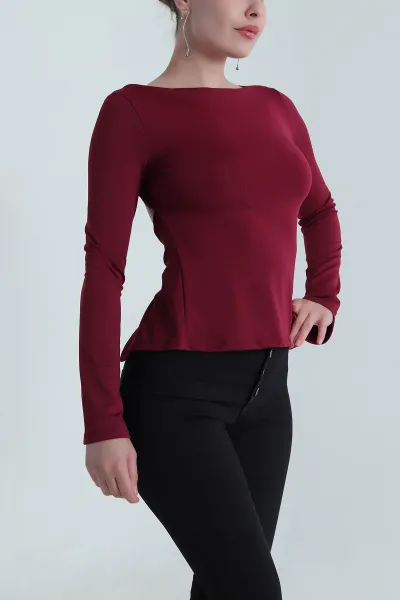 Bordo Sırt Detay İspanyol Kol Scuba Kadın Bluz 483773