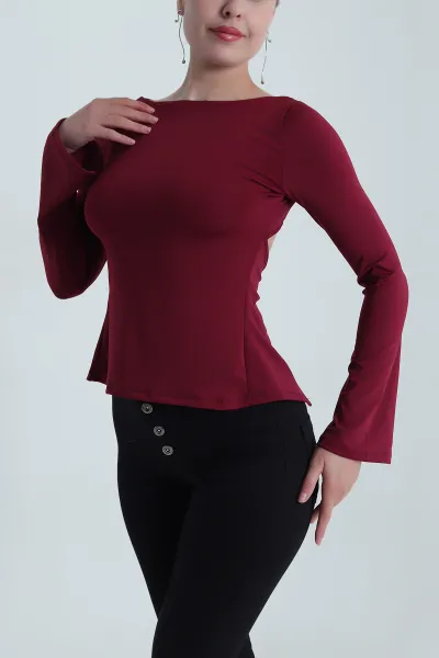 Bordo Sırt Detay İspanyol Kol Scuba Kadın Bluz 483773