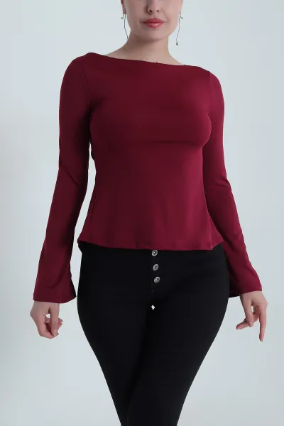 Bordo Sırt Detay İspanyol Kol Scuba Kadın Bluz 483773