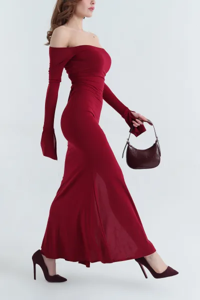 Bordo Sırt Detaylı İspanyol Kol Sandy Elbise 337813