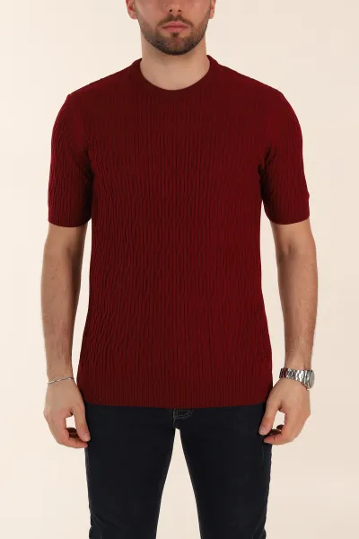 Bordo Slim Fit Dokulu Kısa Kollu Erkek Triko Tişört 338898