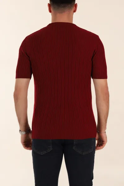 Bordo Slim Fit Dokulu Kısa Kollu Erkek Triko Tişört 338898