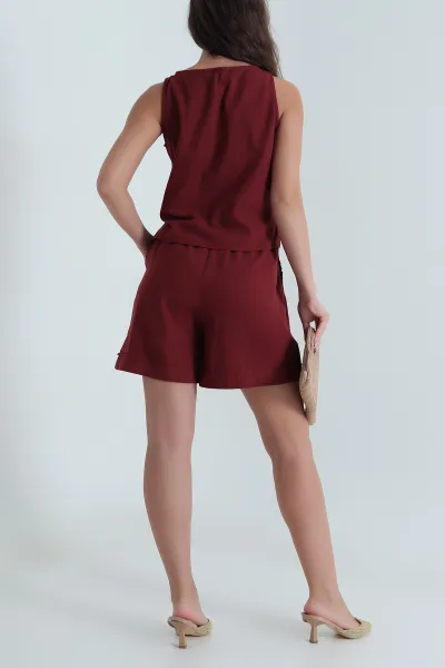 Bordo Şortlu Keten Kadın İkili Takım 468644