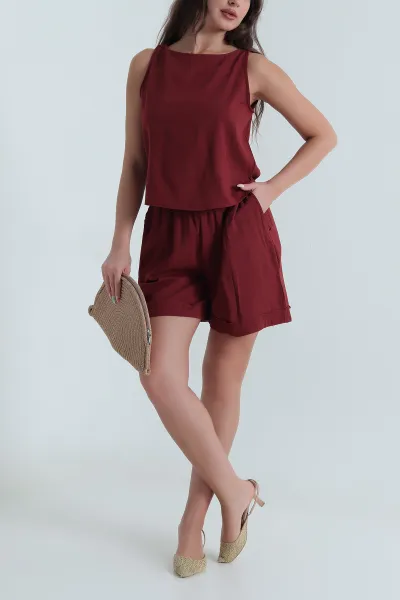 Bordo Şortlu Keten Kadın İkili Takım 468644