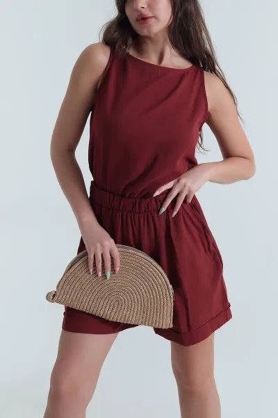 Bordo Şortlu Keten Kadın İkili Takım 468644
