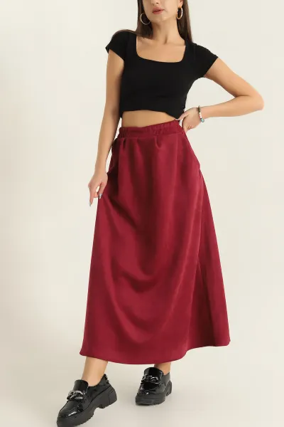 Bordo Süet Beli Lastikli Cepli Çan Etek 320384