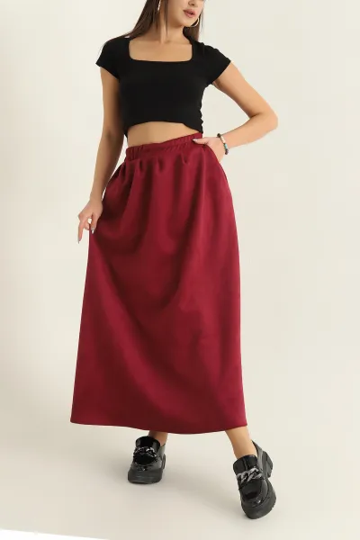 Bordo Süet Beli Lastikli Cepli Çan Etek 320384
