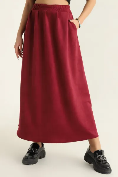 Bordo Süet Beli Lastikli Cepli Çan Etek 320384
