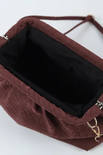 Bordo Süet Burslu Örgü Tasarımlı Kadın El Kol ve Omuz Çantası 497155