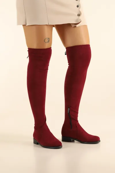 Bordo Süet Diz Üstü Yarım Fermuarlı Streç Çizme 302897