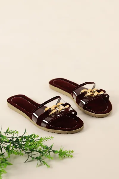 Bordo Süet Şeffaf Gold Zincirli Kadın Düz Terlik 336770