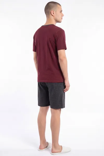 Bordo Süprem Kumaş Bisiklet Yaka Erkek Şortlu Pijama Takımı 469689