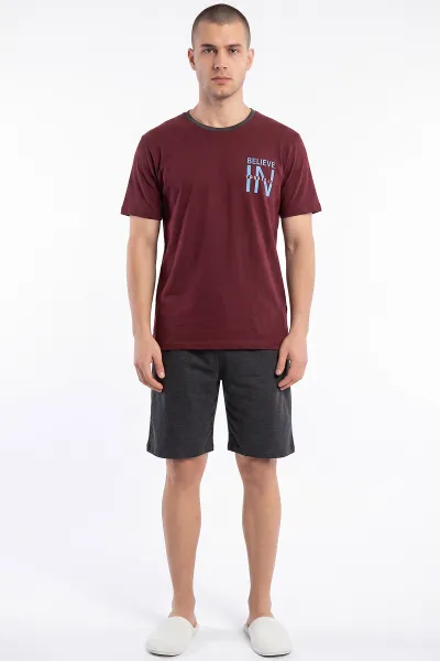 Bordo Süprem Kumaş Bisiklet Yaka Erkek Şortlu Pijama Takımı 469689