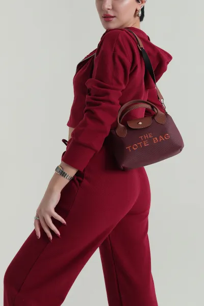 Bordo Taba Mıknatıs Kapaklı Yazı Detaylı Kadın El Kol ve Omuz Çantası 419564
