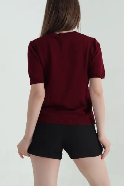 Bordo Taş İşlemeli Recycle Triko Bluz 355402