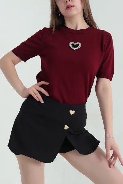 Bordo Taş İşlemeli Recycle Triko Bluz 355402