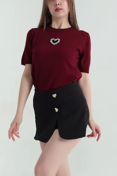 Bordo Taş İşlemeli Recycle Triko Bluz 355402