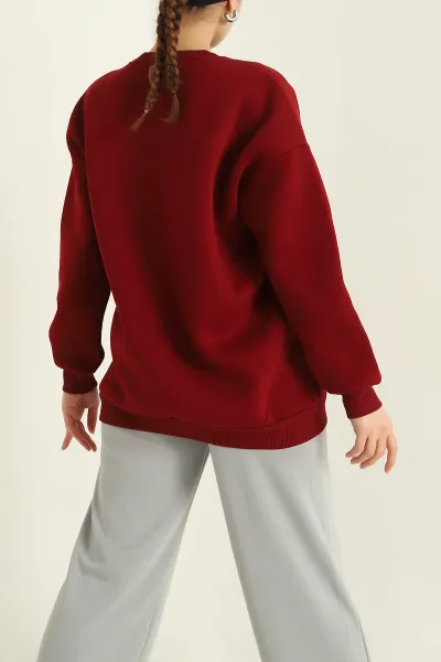 Bordo Taş İşlemeli Şardonlu Üç İp Sweat 328991