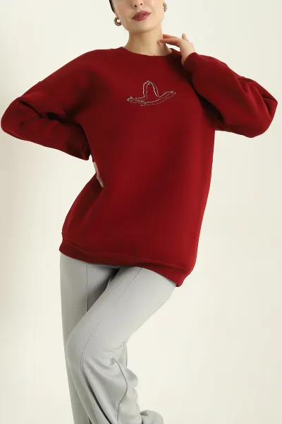 Bordo Taş İşlemeli Şardonlu Üç İp Sweat 328991