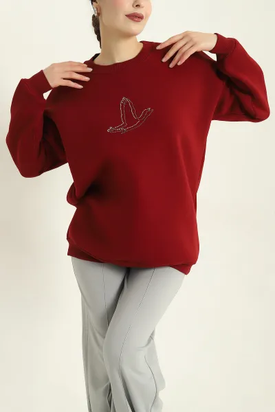 Bordo Taş İşlemeli Şardonlu Üç İp Sweat 328991