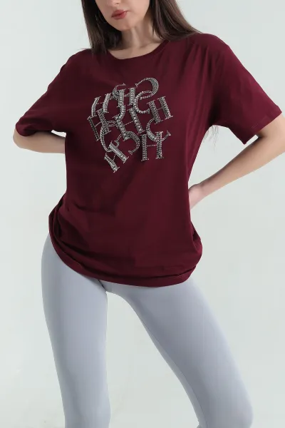 Bordo Taş İşlemeli Süprem Kadın Tişört 346654