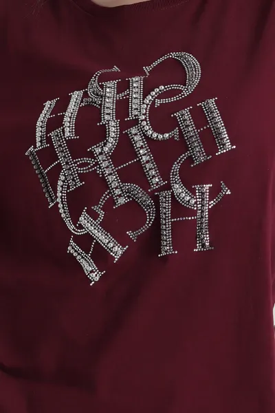 Bordo Taş İşlemeli Süprem Kadın Tişört 346654
