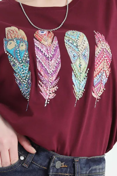 Bordo Taş İşlemeli Süprem Kadın Tişört 346769