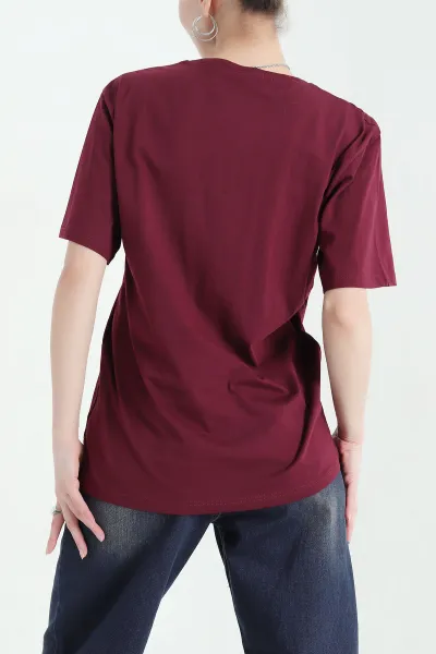 Bordo Taş İşlemeli Süprem Kadın Tişört 346769